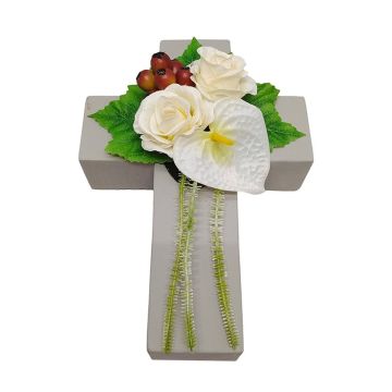 Künstliches Gesteck Rose, Anthurium, Hagebutte NINNA, Pflanzkreuz, weiß-rot, 30x18x11cm