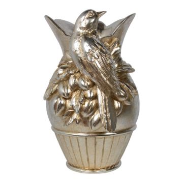 Deko Blumenvase ACADIA mit Vogel, Kunstharz, silber-gold, 18cm, Ø14,5cm