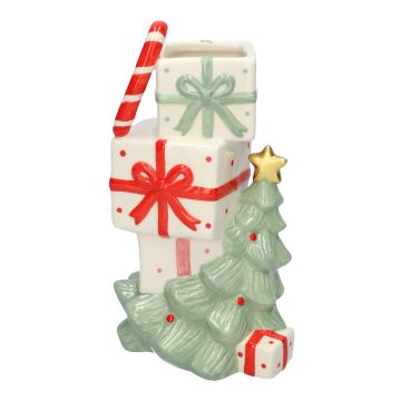 Deko Keramik Vase Weihnachten FESTO mit Geschenken und Tanne, weiß-grün-rot, 10x9x18,2cm