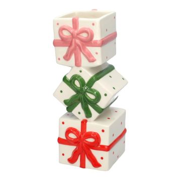 Deko Keramik Vase FESTO in Geschenk Form, weiß-rot-grün-rosa, 10x10x23,5cm