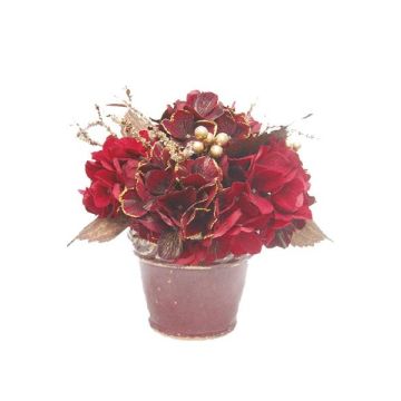 Kunstblumengesteck Hortensie, Beere SUKI, Dekotopf, rot-gold, 25cm, Ø25cm