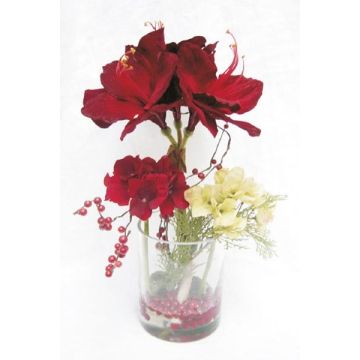 Kunstblumen Gesteck Amaryllis, Hortensie TASHI, Dekoglas, rot-creme, 40cm, Ø23cm