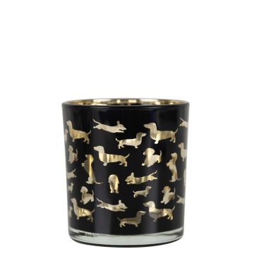 Teelicht Kerzen Glas GEORGETTE mit Dackel Motiv, schwarz-matt-gold-glänzend, 8cm, Ø7,5cm