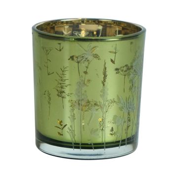 Teelicht Kerzen Glas THEOFILUS mit Feldblumen Motiv, grün-matt-gold-glänzend, 8cm, Ø7,5cm
