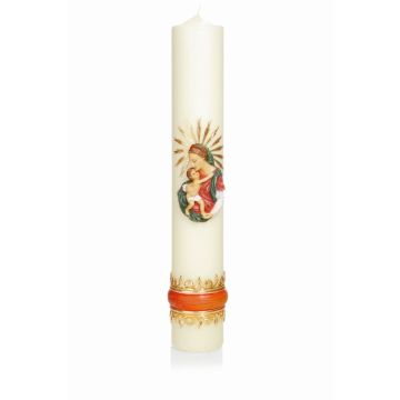 Wachskerze Strahlenmadonna ALOISIA, verziert, elfenbein-bunt, 62cm, Ø10cm - Made in Germany