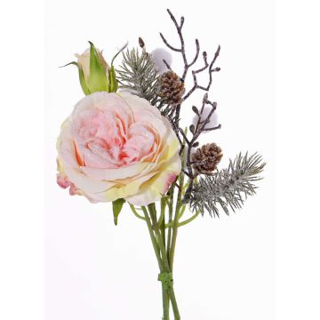Rosenstrauß künstlich FANNI, Zapfen, beschneit, rosa, 30cm, Ø15cm Rosenstrauß künstlich FANNI, Zapfen, beschneit, rosa, 30cm, Ø15cm