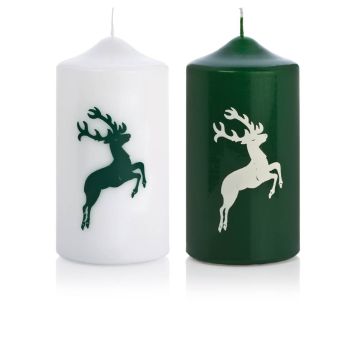 Advents Kerze DALDI mit Hirsch Motiv, 2 Stück, dunkelgrün-weiß, 15cm, Ø8cm, 69h - Made in Germany