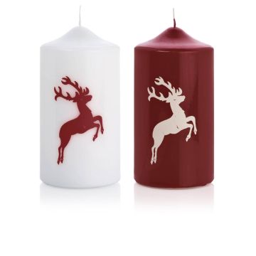 Advents Kerze DALDI mit Hirsch Motiv, 2 Stück, bordeaux-weiß, 15cm, Ø8cm, 69h - Made in Germany Advents Kerze DALDI mit Hirsch Motiv, 2 Stück, bordeaux-weiß, 15cm, Ø8cm, 69h - Made in Germany