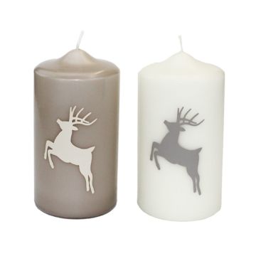 Advents Kerze DALDI mit Hirsch Motiv, 2 Stück, beige-weiß, 15cm, Ø8cm, 69h - Made in Germany