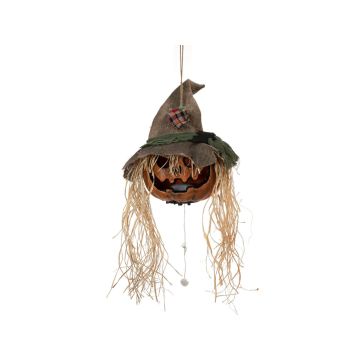 Halloween Vogelscheuche Kürbis Kopf TALLULAH, hängend, Soundfunktion, LEDs, 30x20x70cm