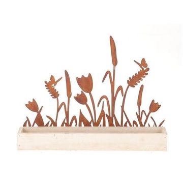 Holz Dekotablett HIFTU mit 6 Glasflaschen, Zink Blumen, rost, 35x6x28,5cm