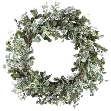 Künstlicher Kranz Eukalyptus, Tanne DUVRA mit Blüten, gefroren, grün-grau, Ø60cm