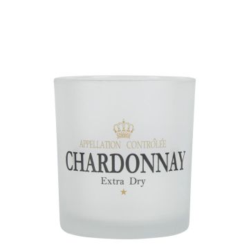 Teelicht Kerzen Glas LEONARDAS mit Chardonnay Schriftzug, weiß-matt, 8cm, Ø7cm Teelicht Kerzen Glas LEONARDAS mit Chardonnay Schriftzug, weiß-matt, 8cm, Ø7cm