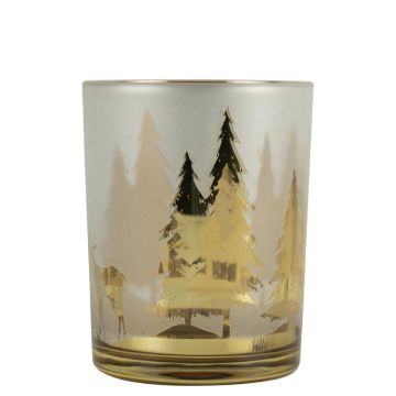 Teelicht Kerzen Glas NICOLETA mit Hirsch Tannen Motiv, weiß-matt-gold-glänzend, 12,5cm, Ø10cm Teelicht Kerzen Glas NICOLETA mit Hirsch Tannen Motiv, weiß-matt-gold-glänzend, 12,5cm, Ø10cm