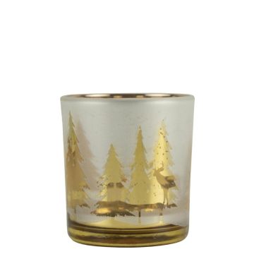 Teelicht Kerzen Glas NICOLETA mit Hirsch Tannen Motiv, weiß-matt-gold-glänzend, 8cm, Ø7,5cm Teelicht Kerzen Glas NICOLETA mit Hirsch Tannen Motiv, weiß-matt-gold-glänzend, 8cm, Ø7,5cm