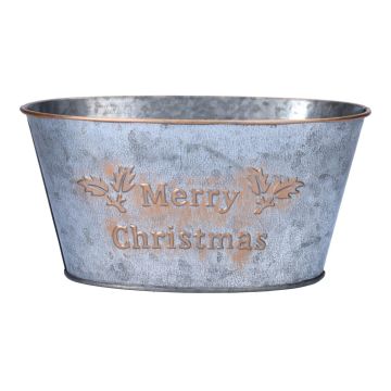 Ovale Zink Blumenschale PATRISA, Merry Christmas, grau-bronze, 19x13,5x10cm
