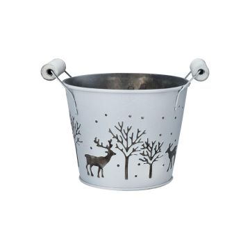 Zink Übertopf NORDLI mit Henkel, Hirsch Motiv, weiß-silber, 13cm, Ø16,5cm