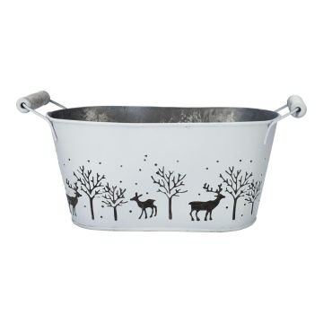 Ovale Zink Pflanzschale NORDLI mit Henkel, Hirsch Motiv, weiß-silber, 23,7x11,3x11cm