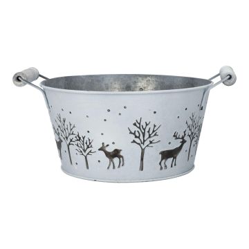 Runde Zink Pflanzschale NORDLI mit Henkel, Hirsch Motiv, weiß-silber, 11cm, Ø22,5cm