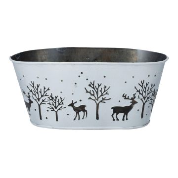 Ovale Zink Pflanzschale NORDLI, Hirsch Motiv, weiß-silber, 21x11,3x9,2cm
