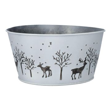 Runde Zink Pflanzschale NORDLI, Hirsch Motiv, weiß-silber, 9cm, Ø18cm