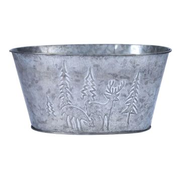 Ovale Zink Blumenschale RADORA, Rentier Motiv, grau-weiß, 19x13,5x10cm