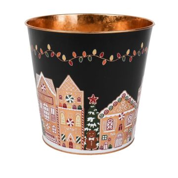 Zink Pflanztopf MAVETA mit Lebkuchenhaus Motiv, schwarz-kupfer, 16,5cm, Ø18cm