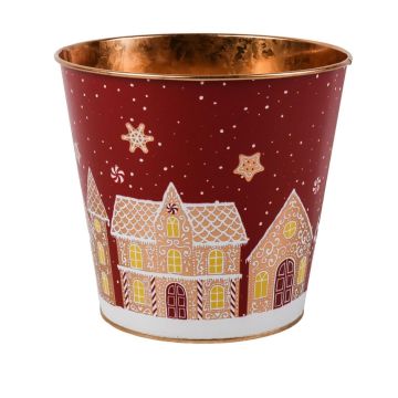 Zink Pflanztopf MAVETA mit Lebkuchenhaus Motiv, dunkelrot-kupfer, 18cm, Ø20,5cm