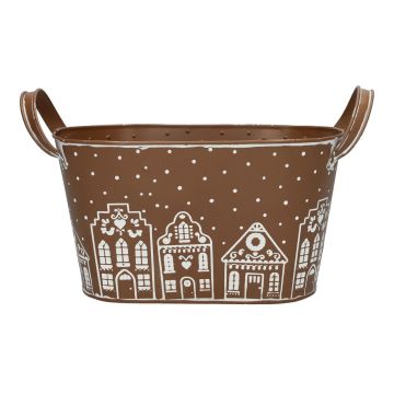Zink Pflanztopf oval MAVETA mit Lebkuchenhaus Motiv, Henkel, braun-weiß, 24x13,5x13,5cm Zink Pflanztopf oval MAVETA mit Lebkuchenhaus Motiv, Henkel, braun-weiß, 24x13,5x13,5cm