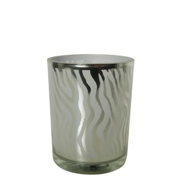 Teelichtglas Kerzen Halter NADESHDA mit abstrakten Linien, weiß-matt-silber-glänzend, 8cm, Ø7cm Teelichtglas Kerzen Halter NADESHDA mit abstrakten Linien, weiß-matt-silber-glänzend, 8cm, Ø7cm