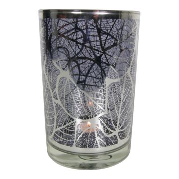 Teelichtglas Kerzen Halter LEONILLE mit Skelettblatt Motiv, schwarz-matt-silber-glänzend, 18cm, Ø12cm Teelichtglas Kerzen Halter LEONILLE mit Skelettblatt Motiv, schwarz-matt-silber-glänzend, 18cm, Ø12cm