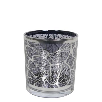 Teelichtglas Kerzen Halter LEONILLE mit Skelettblatt Motiv, schwarz-matt-silber-glänzend, 7cm, Ø7cm Teelichtglas Kerzen Halter LEONILLE mit Skelettblatt Motiv, schwarz-matt-silber-glänzend, 7cm, Ø7cm