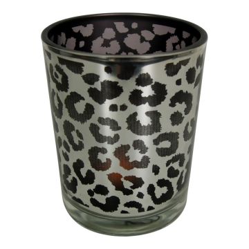 Teelichtglas Kerzen Halter MARZELLA mit Leoparden Muster, schwarz-matt-silber-glänzend, 18cm, Ø12cm Teelichtglas Kerzen Halter MARZELLA mit Leoparden Muster, schwarz-matt-silber-glänzend, 18cm, Ø12cm