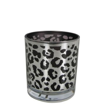 Teelichtglas Kerzen Halter MARZELLA mit Leoparden Muster, schwarz-matt-silber-glänzend, 8cm, Ø7,3cm Teelichtglas Kerzen Halter MARZELLA mit Leoparden Muster, schwarz-matt-silber-glänzend, 8cm, Ø7,3cm