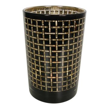 Teelichtglas Kerzen Halter CASSANDRE mit Strichlinienmuster, schwarz-matt-gold-glänzend, 18cm, Ø12cm Teelichtglas Kerzen Halter CASSANDRE mit Strichlinienmuster, schwarz-matt-gold-glänzend, 18cm, Ø12cm