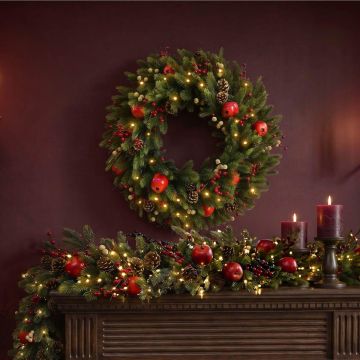 Kunst Winterkranz NEXORI, LEDs, Äpfel, Zapfen, Beeren, rot-gold, Ø75cm