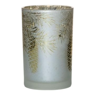 Teelichtglas Kerzen Halter ARCHIMEDES mit Tannenzapfen Motiv, weiß-matt-gold-glänzend, 18cm, Ø12cm Teelichtglas Kerzen Halter ARCHIMEDES mit Tannenzapfen Motiv, weiß-matt-gold-glänzend, 18cm, Ø12cm