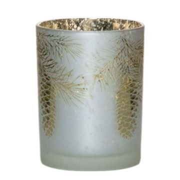 Teelichtglas Kerzen Halter ARCHIMEDES mit Tannenzapfen Motiv, weiß-matt-gold-glänzend, 12,5cm, Ø10cm Teelichtglas Kerzen Halter ARCHIMEDES mit Tannenzapfen Motiv, weiß-matt-gold-glänzend, 12,5cm, Ø10cm