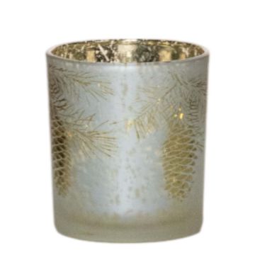 Teelichtglas Kerzen Halter ARCHIMEDES mit Tannenzapfen Motiv, weiß-matt-gold-glänzend, 8cm, Ø7,5cm Teelichtglas Kerzen Halter ARCHIMEDES mit Tannenzapfen Motiv, weiß-matt-gold-glänzend, 8cm, Ø7,5cm