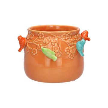 Übertopf BIRDIE aus Keramik, mit 3D Vögeln, orange-blau-grün, 11cm, Ø13,5cm