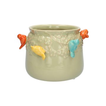Übertopf BIRDIE aus Keramik, mit 3D Vögeln, grün-orange-gelb-blau, 11cm, Ø13,5cm