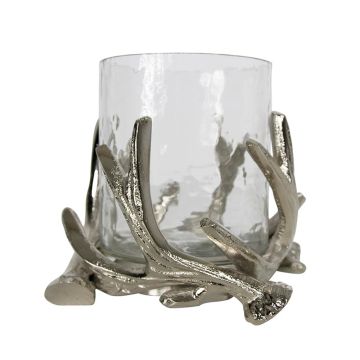 Kerzenglas XANTIPPE, Geweih-Metallfuß, silber-klar, 12cm, Ø16cm Kerzenglas XANTIPPE, Geweih-Metallfuß, silber-klar, 12cm, Ø16cm