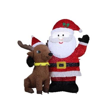 XXL Deko Weihnachtsmann Rentier SISSA, aufblasbar, plüschig, LEDs, rot-weiß-braun, 155x70x183cm