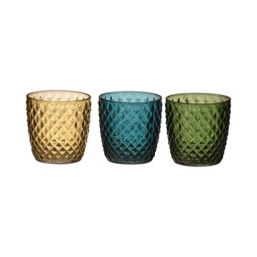Teelicht Glas KIRSTIE, 3 Stück, Rauten, grün-gelb-blau, 9cm, Ø9cm