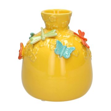 Ballonflasche KIMANA aus Keramik, 3D Schmetterlinge Libellen, gelb-grün-blau-orange, 19cm, Ø16,5cm