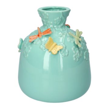 Ballonflasche KIMANA aus Keramik, 3D Schmetterlinge Libellen, blau-gelb-grün-orange, 19cm, Ø16,5cm