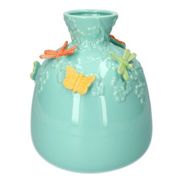 Ballonflasche KIMANA aus Keramik, 3D Schmetterlinge Libellen, blau-gelb-grün-orange, 22,5cm, Ø19cm