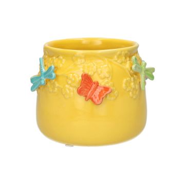 Übertopf KIMANA aus Keramik, 3D Schmetterlinge Libellen, gelb-orange-blau-grün, 11cm, Ø13,5cm