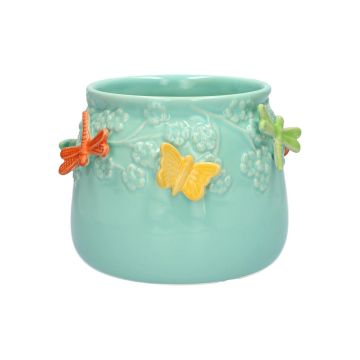 Übertopf KIMANA aus Keramik, 3D Schmetterlinge Libellen, blau-orange-gelb-grün, 11cm, Ø13,5cm