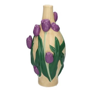Blumenvase LIMEA aus Dolomit, 3D Tulpen, beige-lila-grün, 30cm, Ø15cm